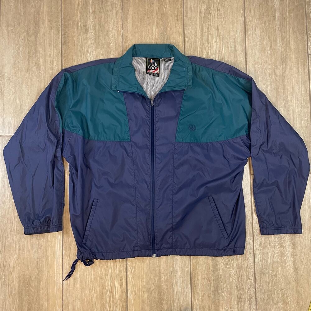Vintage 90s USA Olympics Windbreaker Mens XL Blue Green Colorblock Nylon Jacket